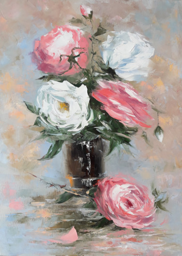 Painting titled "Still life roses (5…" by Janna, Original Artwork, Oil Mounted on Wood Stretcher frame