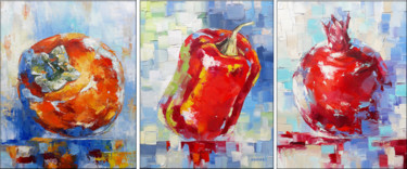 Painting titled "Still life-triptych…" by Janna, Original Artwork, Oil Mounted on Wood Stretcher frame
