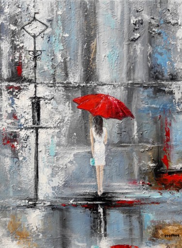 Painting titled "Red umbrella(30x40c…" by Janna, Original Artwork, Oil Mounted on Wood Stretcher frame