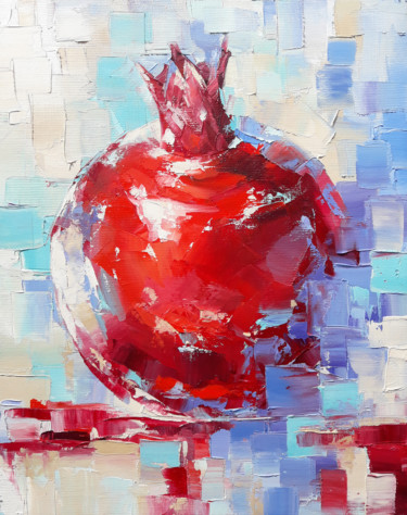 Painting titled "Still life-pomegran…" by Janna, Original Artwork, Oil Mounted on Wood Stretcher frame