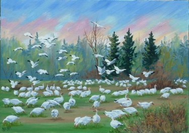 Peinture intitulée "Il pleut des oies" par Marie Tardif, Œuvre d'art originale