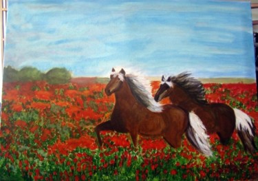 Peinture intitulée "chevaux et coquelic…" par Marie Therese Bas, Œuvre d'art originale, Huile