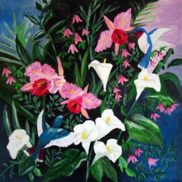 Peinture intitulée "orchidés et colibris" par Marie Therese Bas, Œuvre d'art originale, Huile