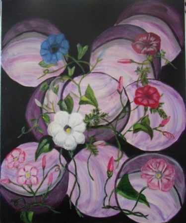 Peinture intitulée "fleurs de lune" par Marie Therese Bas, Œuvre d'art originale, Huile