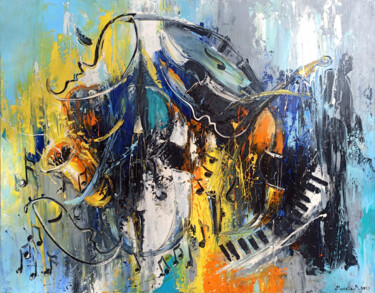 Painting titled "Abstract jazz instr…" by Marietta Martirosyan, Original Artwork, Oil Mounted on Wood Stretcher frame