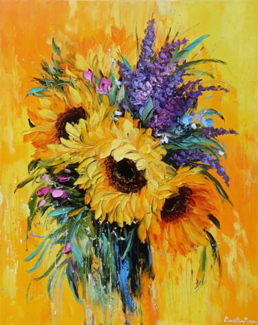 Painting titled "Vibrant Sun Bouquet" by Marietta Martirosyan, Original Artwork, Oil Mounted on Wood Stretcher frame