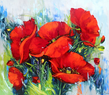 Malarstwo zatytułowany „Fiery Tulips” autorstwa Marietta Martirosyan, Oryginalna praca, Olej Zamontowany na Drewniana rama n…