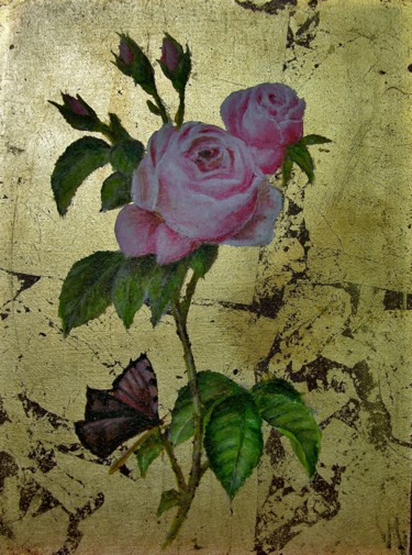 Peinture intitulée "Roses au papillon" par Mariette Lener, Œuvre d'art originale, Acrylique