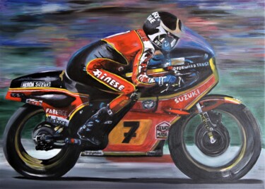 Painting titled "Barry Sheene - Lege…" by Mariia Baskal, Original Artwork, Oil Mounted on Wood Stretcher frame