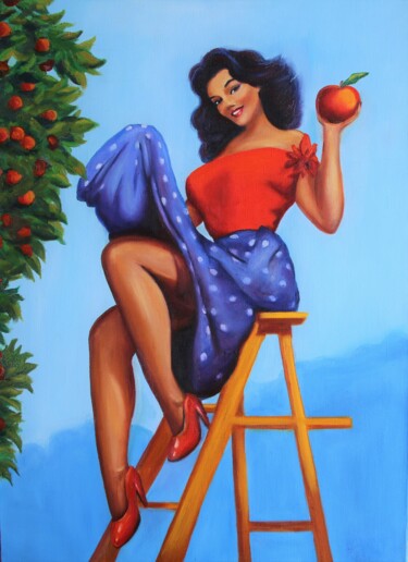 Schilderij getiteld ""Eve's Apple" Pin U…" door Mariia Baskal, Origineel Kunstwerk, Olie Gemonteerd op Frame voor houten bra…