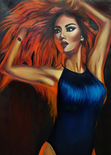 Painting titled "NEON Girl" by Mariia Baskal, Original Artwork, Oil Mounted on Wood Stretcher frame