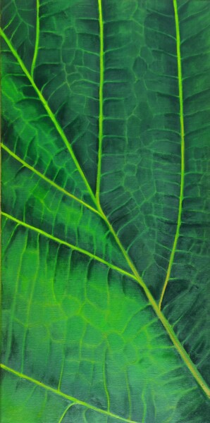Painting titled "GREEN LEAF" by Mariia Baskal, Original Artwork, Oil Mounted on Wood Stretcher frame