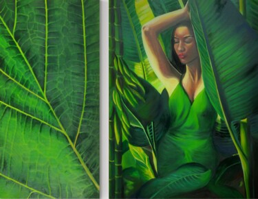 Painting titled "Diptych Tropical Gr…" by Mariia Baskal, Original Artwork, Oil Mounted on Wood Stretcher frame