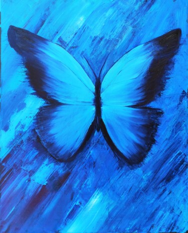 Painting titled "Тhe big blue Morpho…" by Mariia Baskal, Original Artwork, Oil Mounted on Wood Stretcher frame