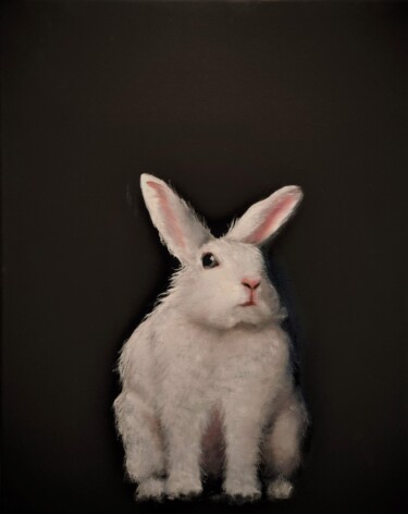 Painting titled "Mr. White Rabbit" by Mariia Baskal, Original Artwork, Oil Mounted on Wood Stretcher frame