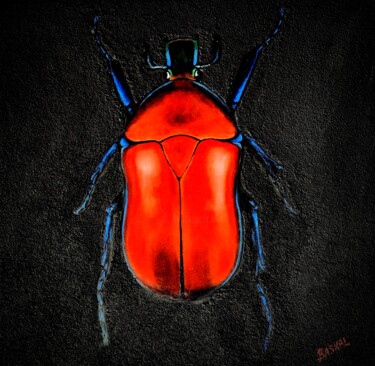 Painting titled "Just a red beetle" by Mariia Baskal, Original Artwork, Oil Mounted on Wood Stretcher frame