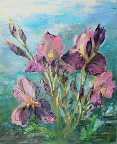 Painting titled ""Violet irises in a…" by Mariia Belianina, Original Art, Oil Mounted on Stretcher frame
