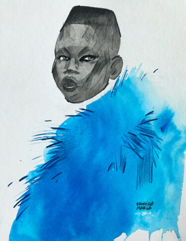 Pintura intitulada ""Femme en blue"" por Mariia Erokhina, Obras de arte originais, Tinta