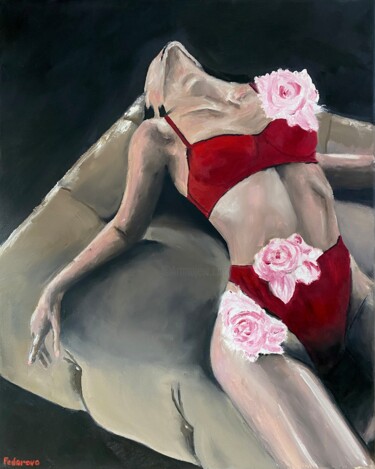 Painting titled "Camellia" by Mariia Fedorova, Original Artwork, Oil Mounted on Wood Panel