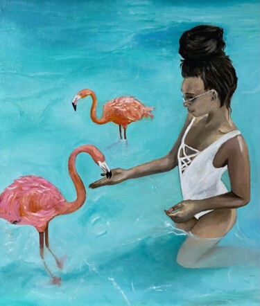 Картина под названием "Girl with flamingos" - Mariia Fedorova, Подлинное произведение искусства, Масло Установлен на Деревян…