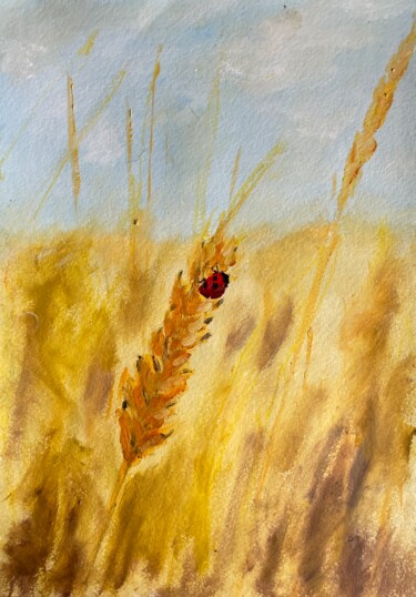Malerei mit dem Titel "Ladybug and wheat" von Mariia Fedorova, Original-Kunstwerk, Öl