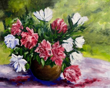 Painting titled "Peonies" by Mariia Fedorova, Original Artwork, Oil Mounted on Wood Stretcher frame