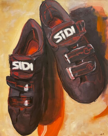 Painting titled "Cycling shoes" by Mariia Fedorova, Original Artwork, Oil Mounted on Wood Stretcher frame