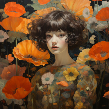 Цифровое искусство под названием "Girl and poppy" - Mariia Fedorova, Подлинное произведение искусства, Цифровая живопись