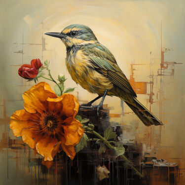 Digital Arts titled "bird with a flower" by Mariia Fedorova, Original Artwork, Digital Painting