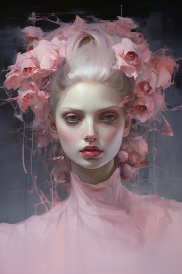 Digital Arts titled "woman with pink flo…" by Mariia Fedorova, Original Artwork, Digital Painting