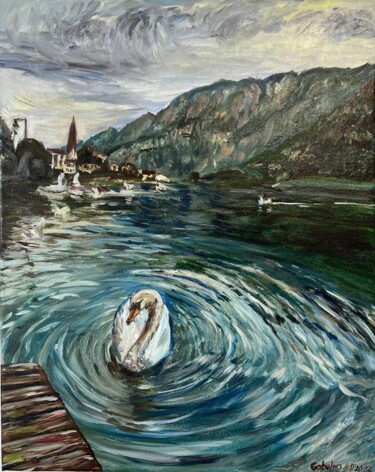 Painting titled "Swan Lake in Halsta…" by Mariia Gabelko, Original Artwork, Oil Mounted on Wood Stretcher frame