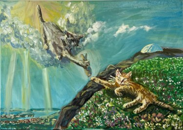 Pittura intitolato "Creation of the Cat" da Mariia Gabelko, Opera d'arte originale, Olio Montato su Telaio per barella in le…