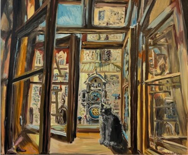 Painting titled "Th Cat on the Backg…" by Mariia Gabelko, Original Artwork, Oil Mounted on Wood Stretcher frame