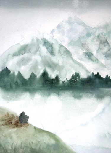 Malerei mit dem Titel "Fog Mountain Art" von Mariia Kiseleva, Original-Kunstwerk, Aquarell