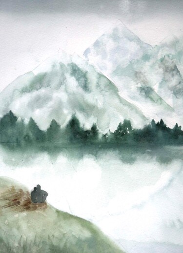 Painting titled "Fog Mountain Art" by Mariia Kiseleva, Original Artwork, Watercolor