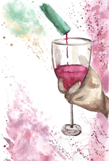 Картина под названием "Red Wine Glass" - Mariia Kiseleva, Подлинное произведение искусства, Акварель