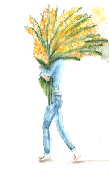 Painting titled "Girl with a bouquet…" by Mariia Kiseleva, Original Artwork, Watercolor