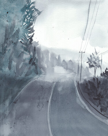 Malerei mit dem Titel "Black and white fog…" von Mariia Kiseleva, Original-Kunstwerk, Aquarell