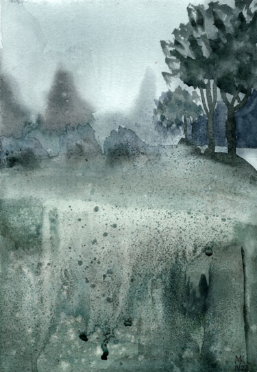 Pittura intitolato "Foggy green landsca…" da Mariia Kiseleva, Opera d'arte originale, Acquarello