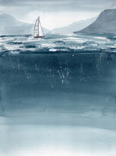 Картина под названием "Yacht in the sea" - Mariia Kiseleva, Подлинное произведение искусства, Акварель