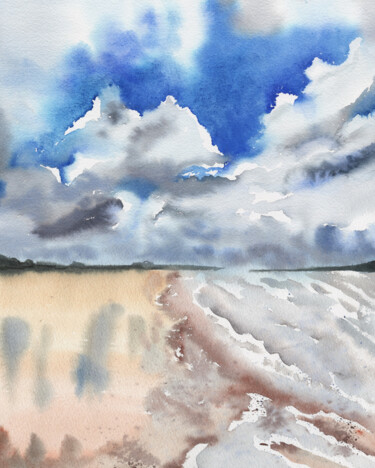 Painting titled "Landscape with clou…" by Mariia Kiseleva, Original Artwork, Watercolor