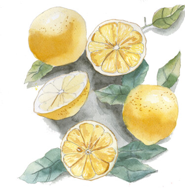 Painting titled "Ripe lemons waterco…" by Mariia Kiseleva, Original Artwork, Watercolor