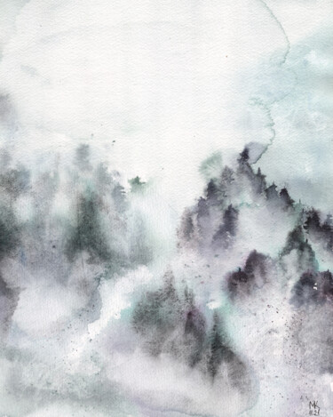 Pintura titulada "Foggy abstract gree…" por Mariia Kiseleva, Obra de arte original, Acuarela