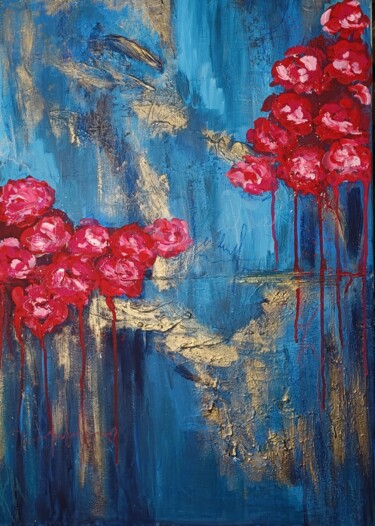 Schilderij getiteld "Roses on an abstrac…" door Mariia Kiseleva, Origineel Kunstwerk, Acryl