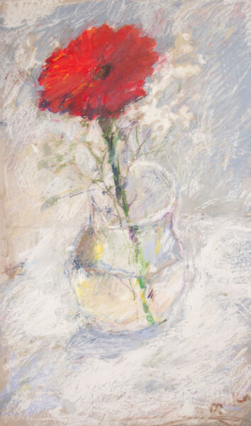 Pintura titulada "Red gerbera with gy…" por Mariia Kurbatova, Obra de arte original, Pastel