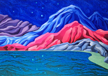 Schilderij getiteld "Night Sky over Moun…" door Mariia Raskin, Origineel Kunstwerk, Acryl