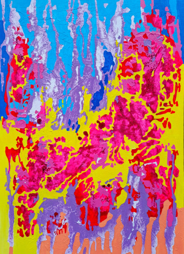 Картина под названием "Pink cow peacefully…" - Mariia Raskin, Подлинное произведение искусства, Акрил Установлен на Деревянн…