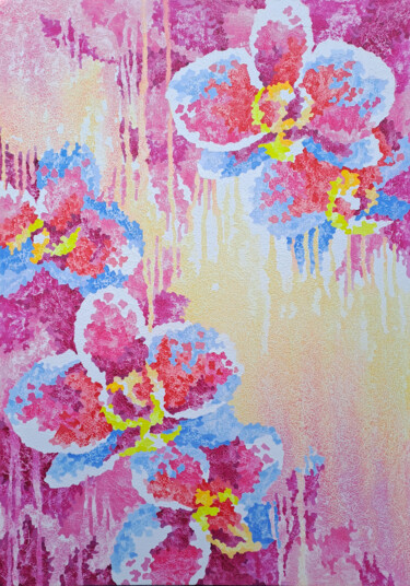 Painting titled "Morning Orchids" by Mariia Raskin, Original Artwork, Acrylic Mounted on Wood Stretcher frame