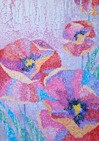 Painting titled "Poppies at Dawn" by Mariia Raskin, Original Artwork, Acrylic Mounted on Wood Stretcher frame