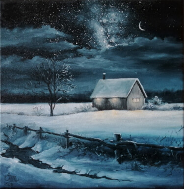 Painting titled "FROSTY NIGHT" by Mariia Sukalova, Original Artwork, Oil Mounted on Wood Stretcher frame